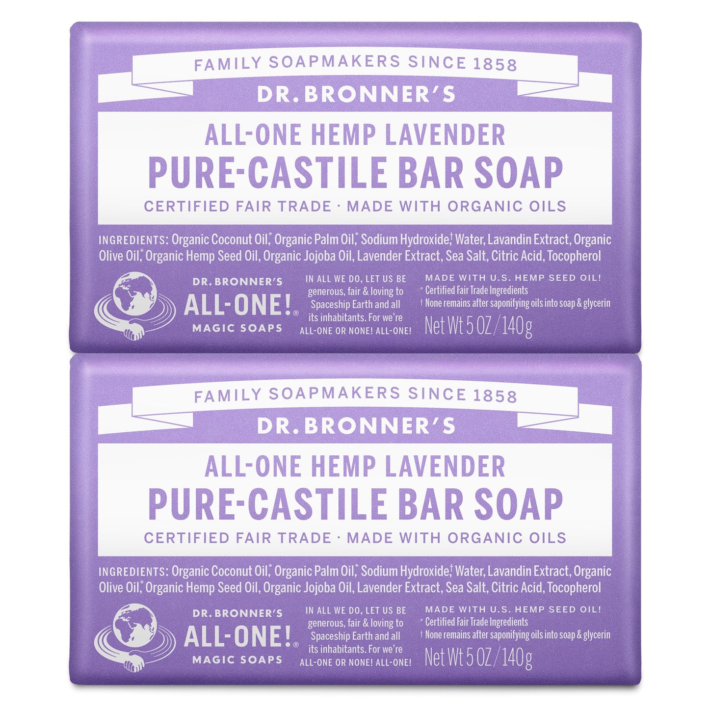 Dr. Bronner's Pure-Castile Bar Soap - Lavender, Pack of 2