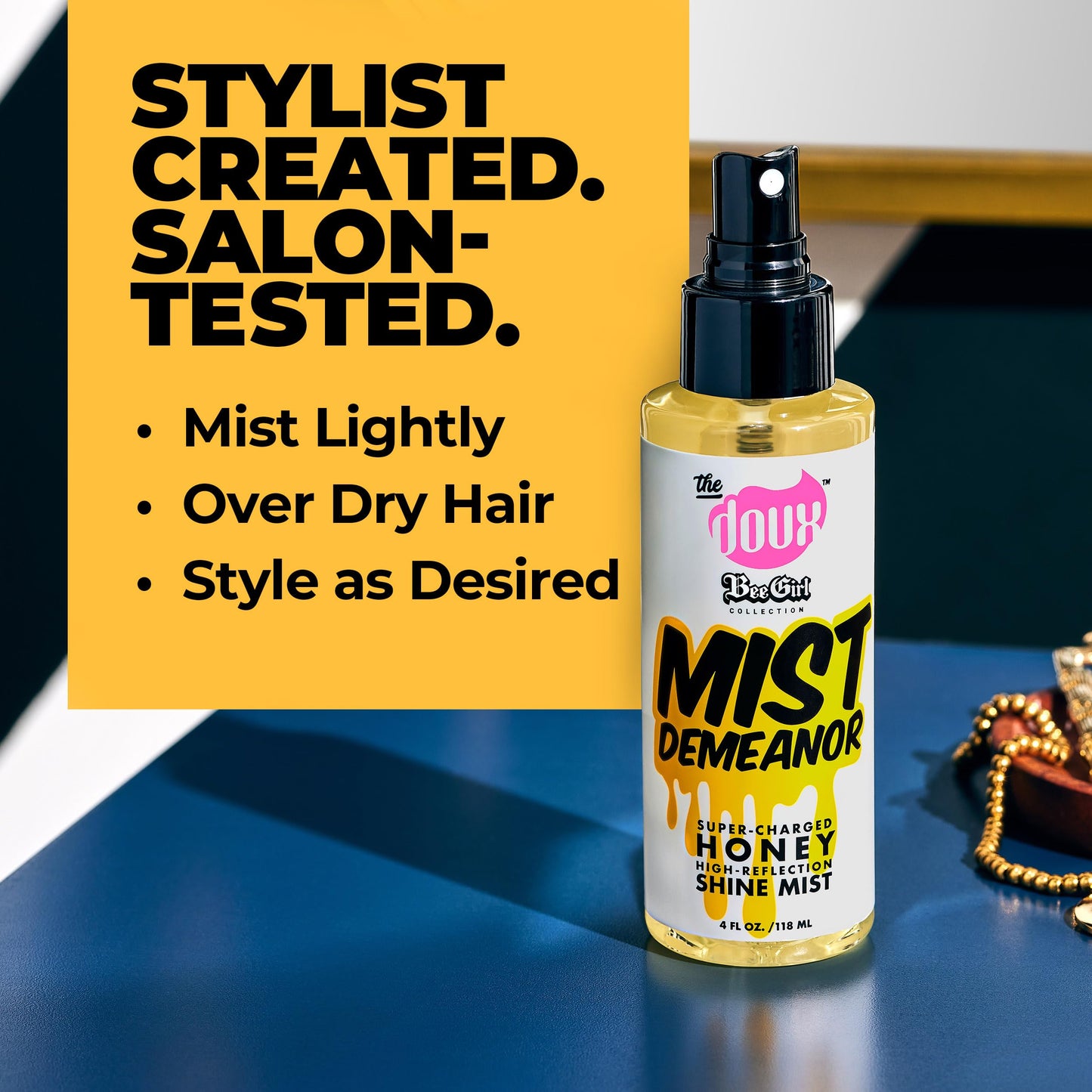 The Doux Mist Demeanor Honey Shine Mist Resists Humidity and Provides Heat Protection Finishing Spray 4 oz