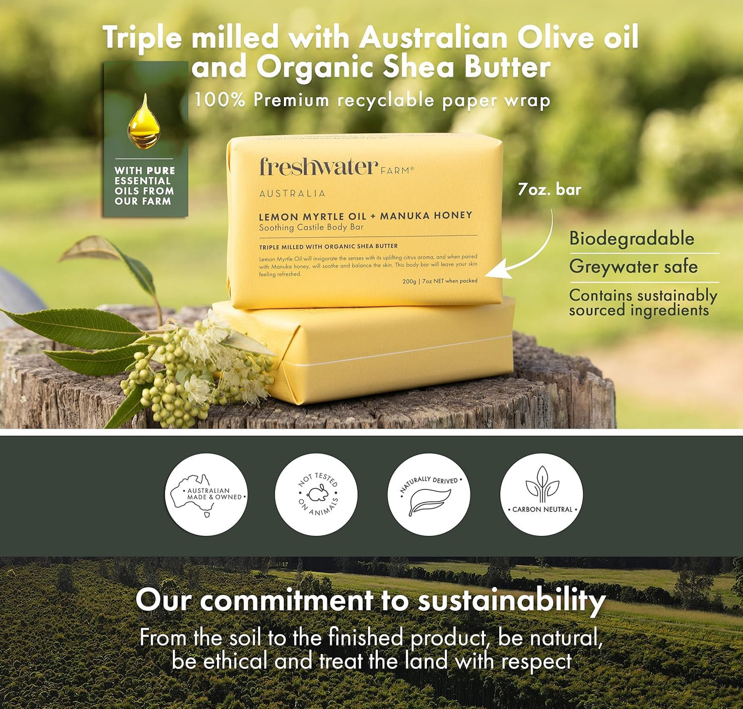 Freshwater Farm Australia Soap Bar - Lemon Myrtle Oil+Manuka Honey, Pack of 3