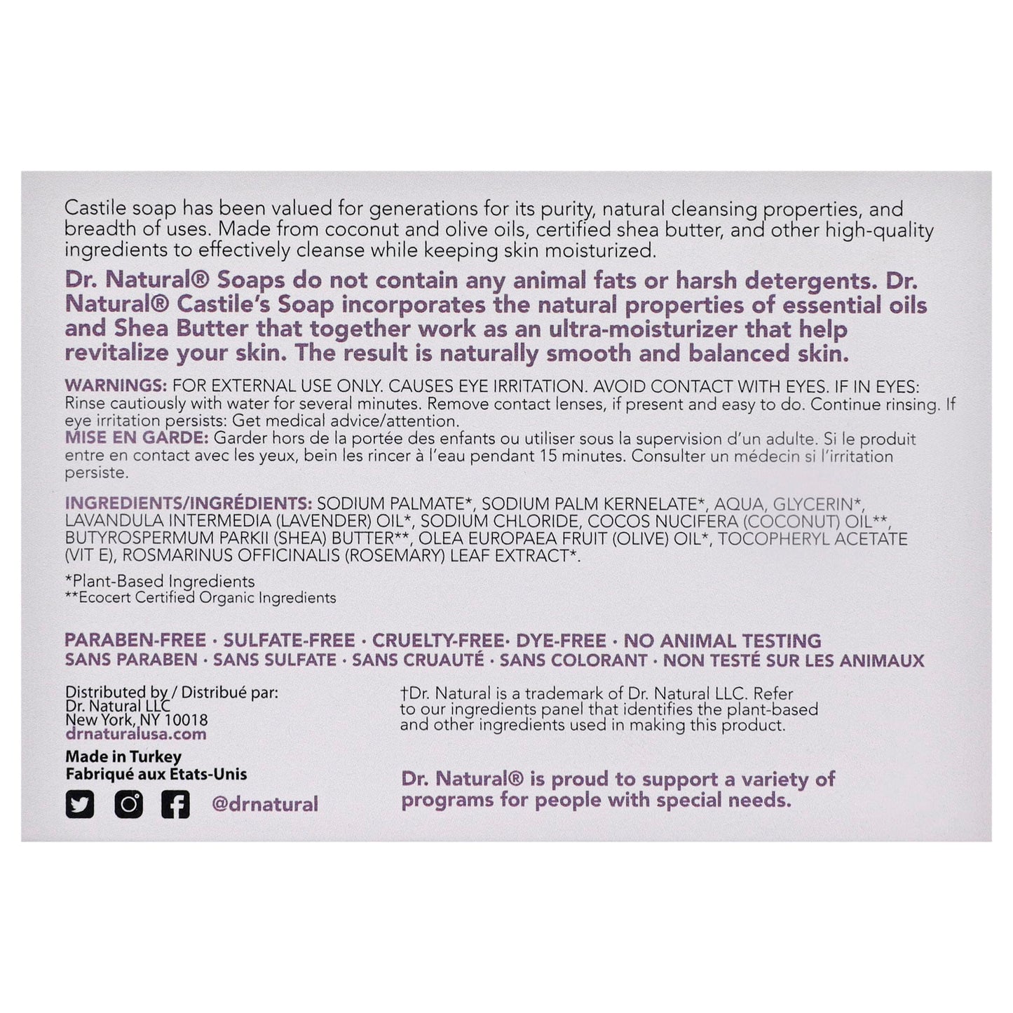 Dr. Natural Castile Bar Soap, Lavender