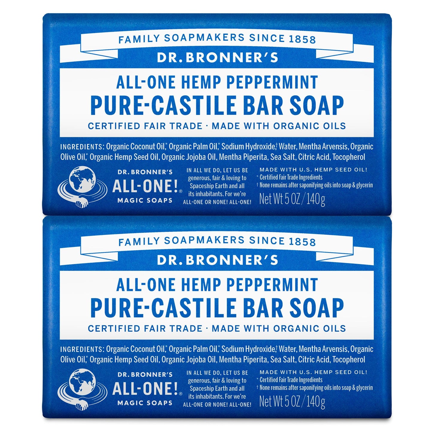 Dr. Bronner's - Pure-Castile Bar Soap - Peppermint, Pack of 2
