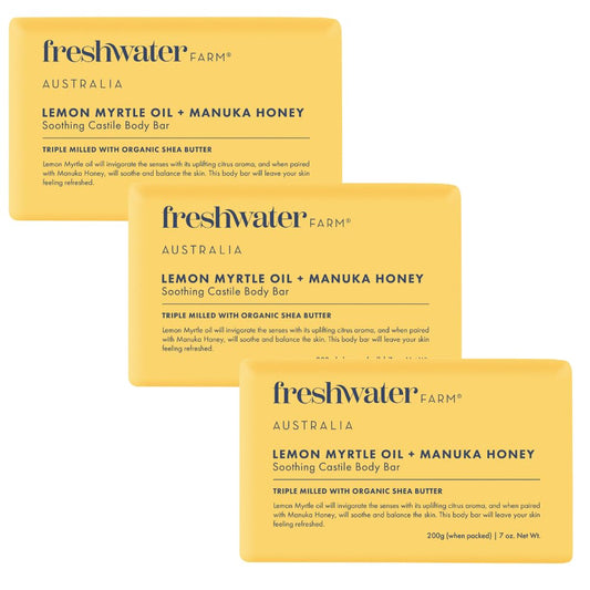 Freshwater Farm Australia Soap Bar - Lemon Myrtle Oil+Manuka Honey, Pack of 3