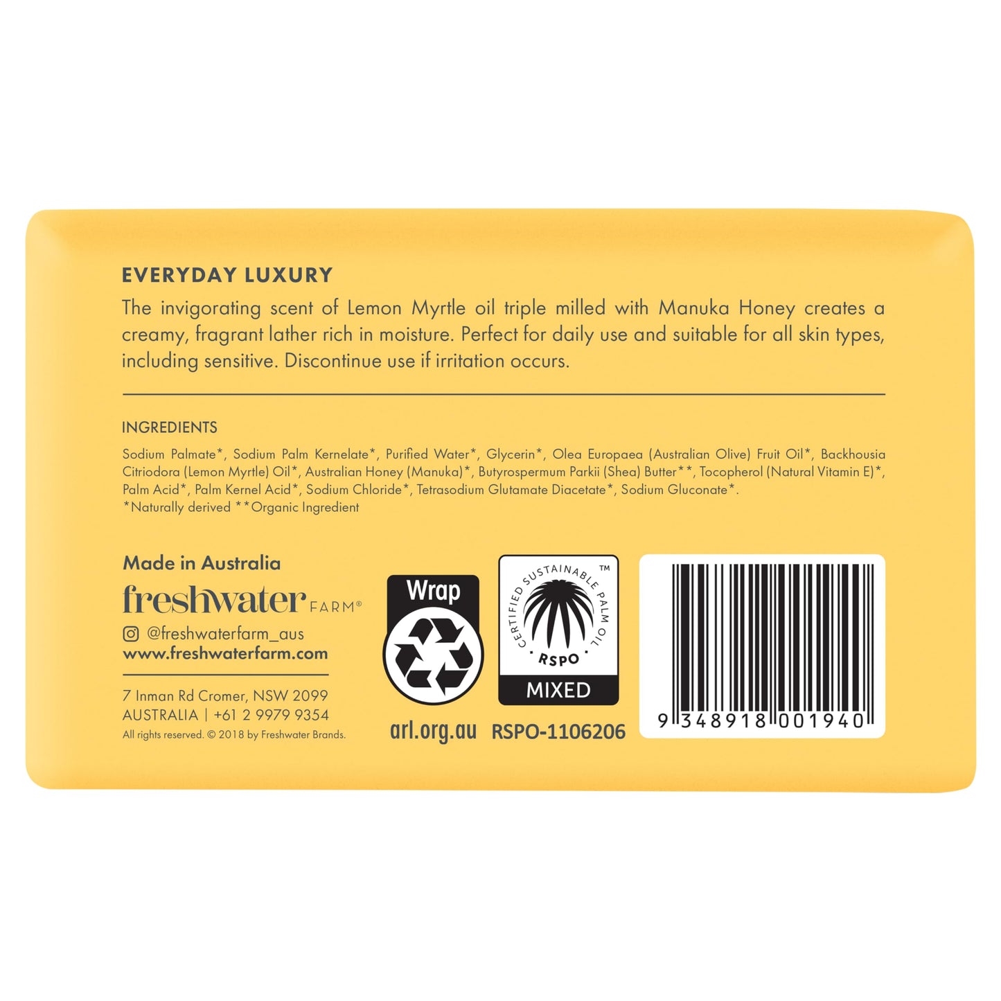 Freshwater Farm Australia Soap Bar - Lemon Myrtle Oil+Manuka Honey